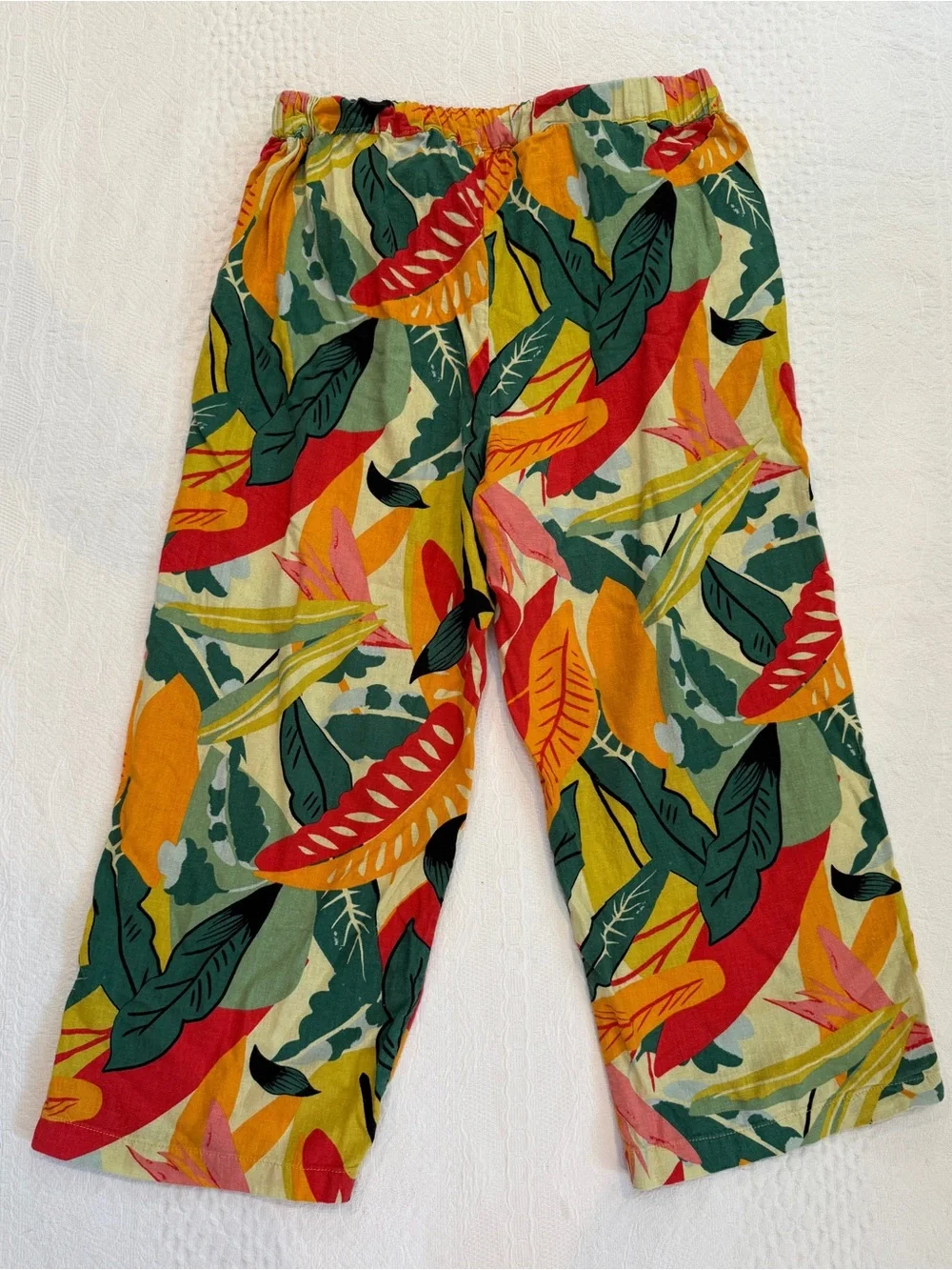 Calligraphie Floral Wide Leg Crop Capri Pants Drawstring Linen Blend Hawaiian M